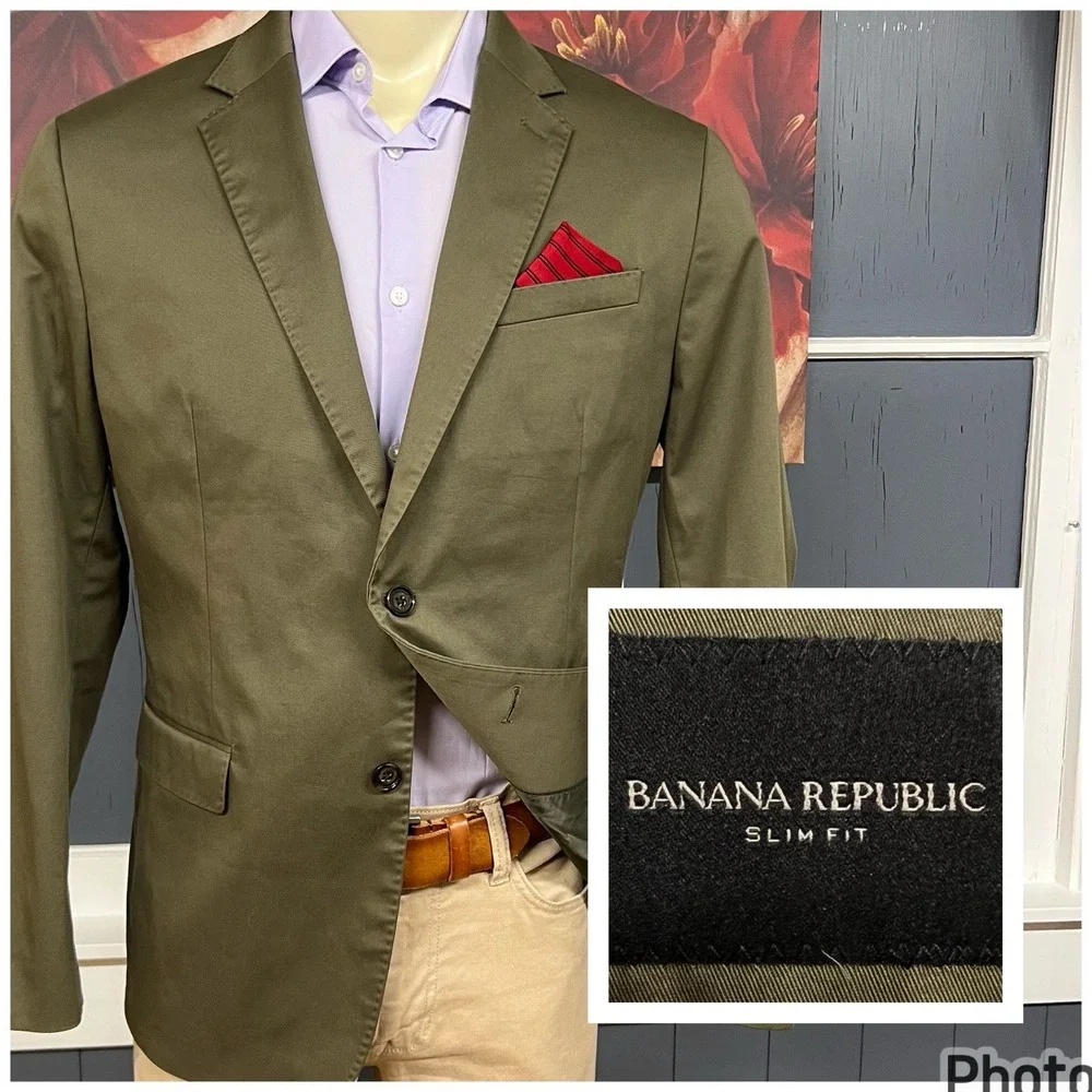 Banana Republic Performance Sport Blazer Mens 44R Slim Fit Cotton Stretch Olive